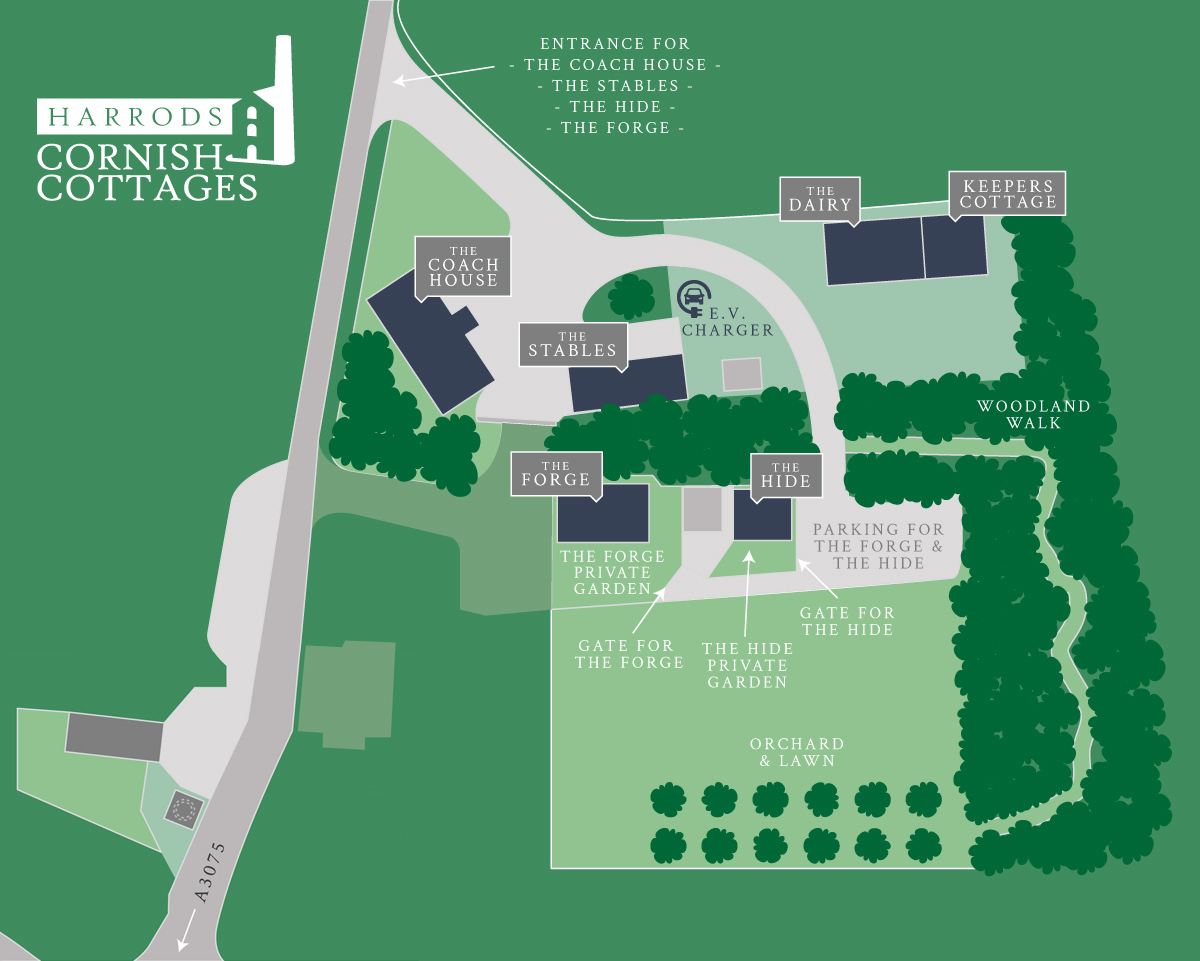 Map showing the locations of the Harrods Cottages